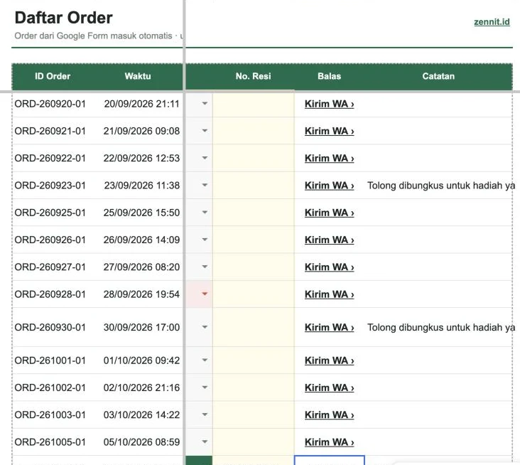 Tampilan template Rekap Order dari Google Form di Google Sheets